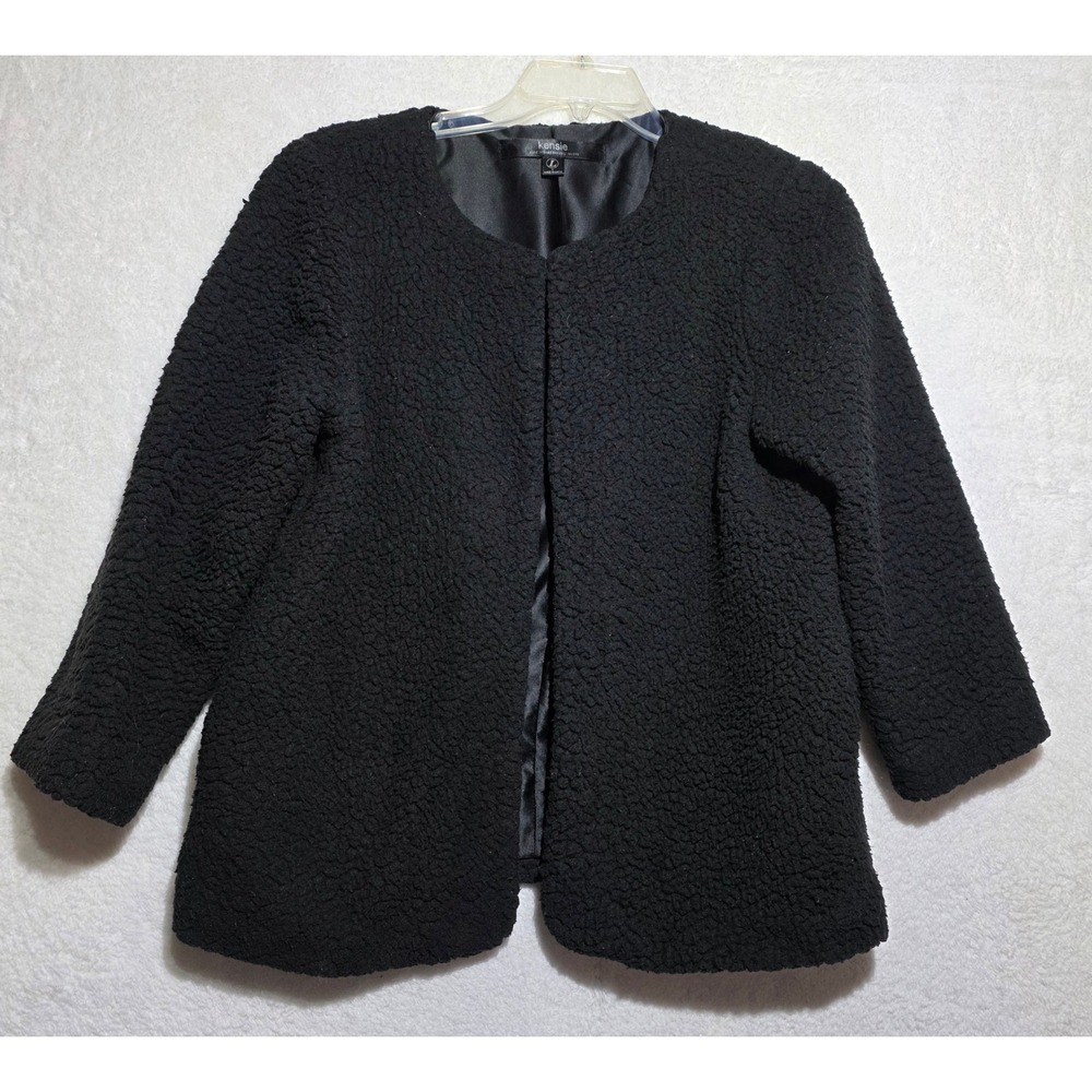 Kensie Women's Black Faux Fur Teddy Jacket Open Front Collarless Coat Large